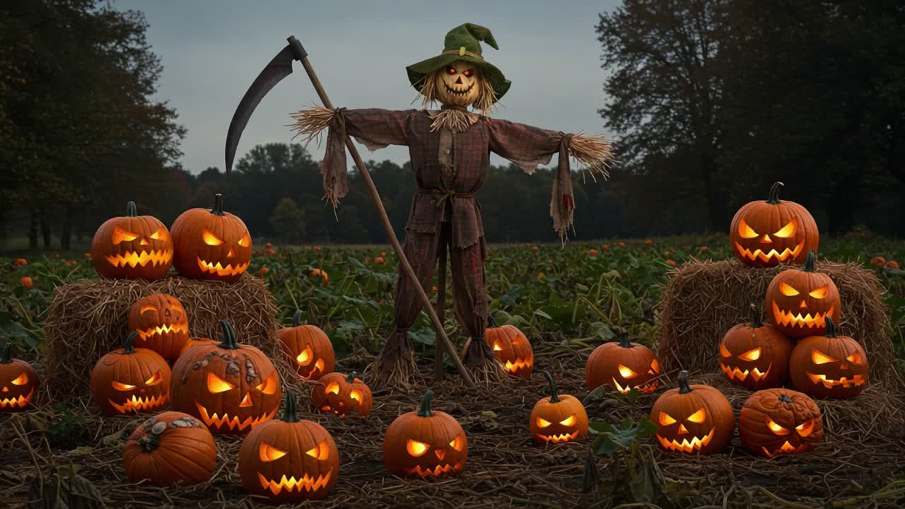 A Spooktacular Halloween Display Featuring a Creepy Scarecrow Surrounded by Illuminated Jack-O'-Lanterns and a Pumpkin Patch Under a Gloomy Sky