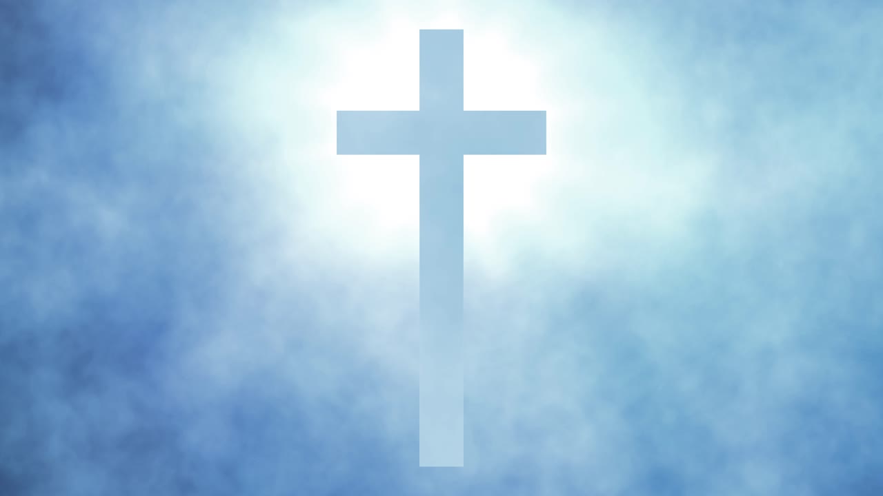 Luminous cross silhouette against soft blue cloudy sky, ethereal divine light effects with mist and atmospheric haze