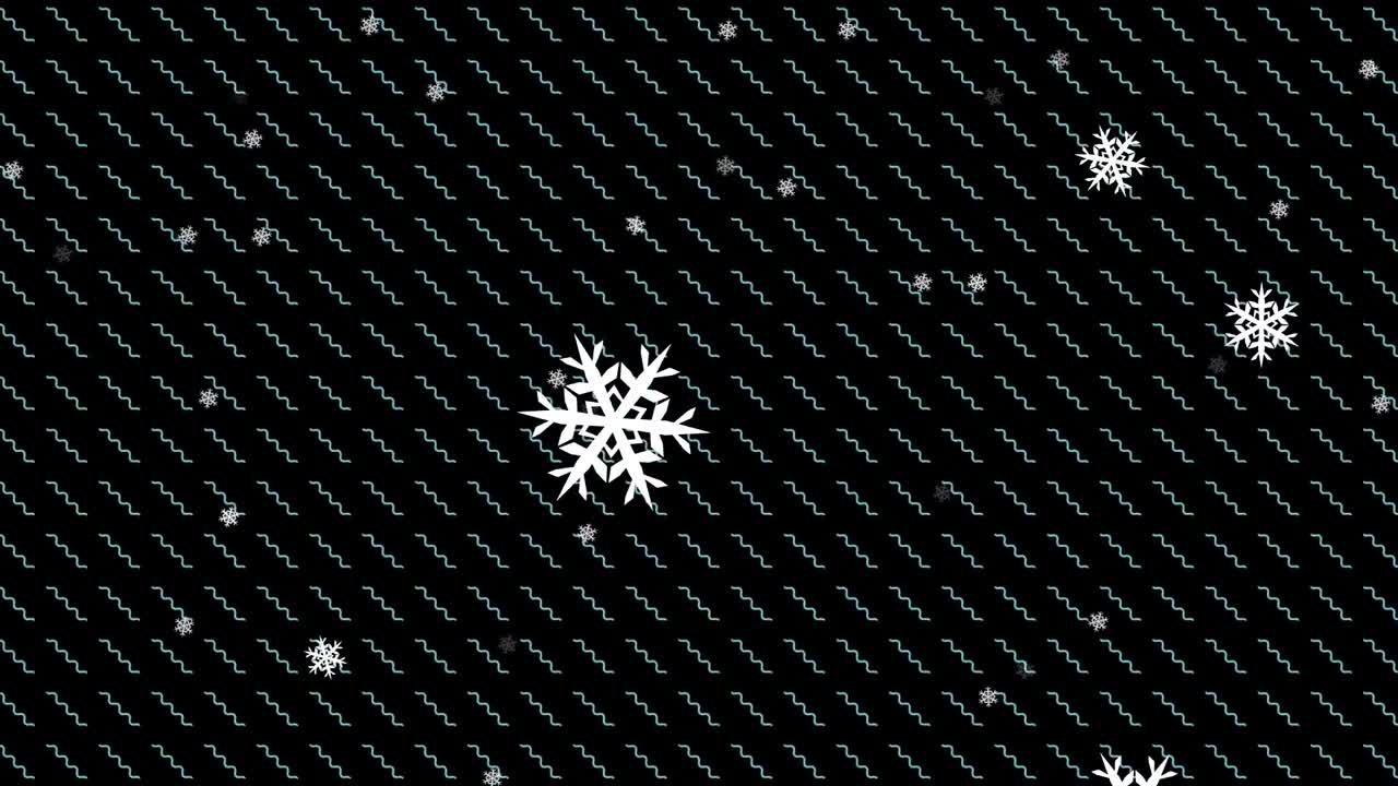 Animation of snow falling over zigzag pattern on black background