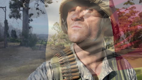 digital composition of waving france flag against soldier holding a gun at training camp