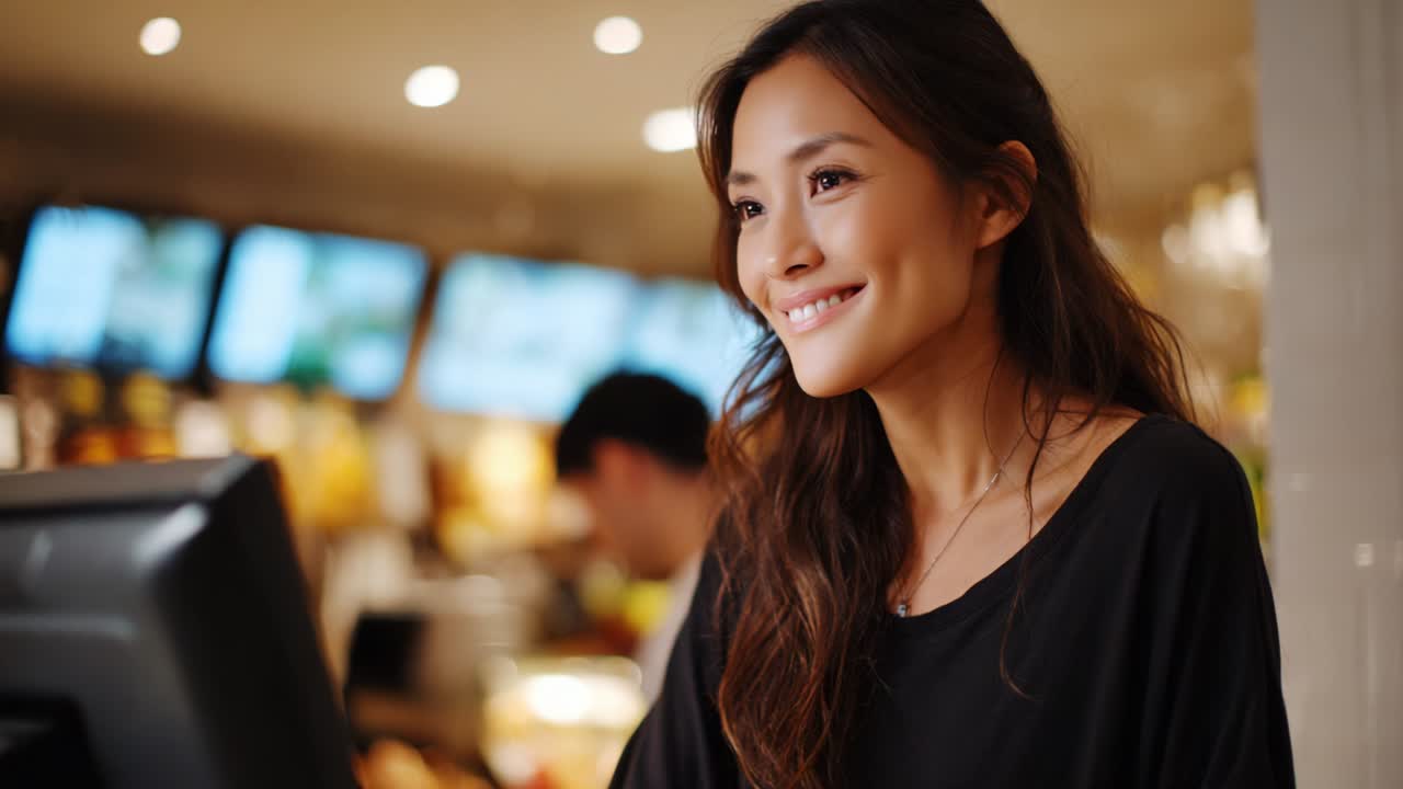 A Young Woman Smiling and Working at a Digital Interface in a Brightly Lit Modern Cafe Setting, Displaying a Happy Vibe as She Interacts with Customers or Colleagues, Showcasing a Friendly Atmosphere in a Busy Environment