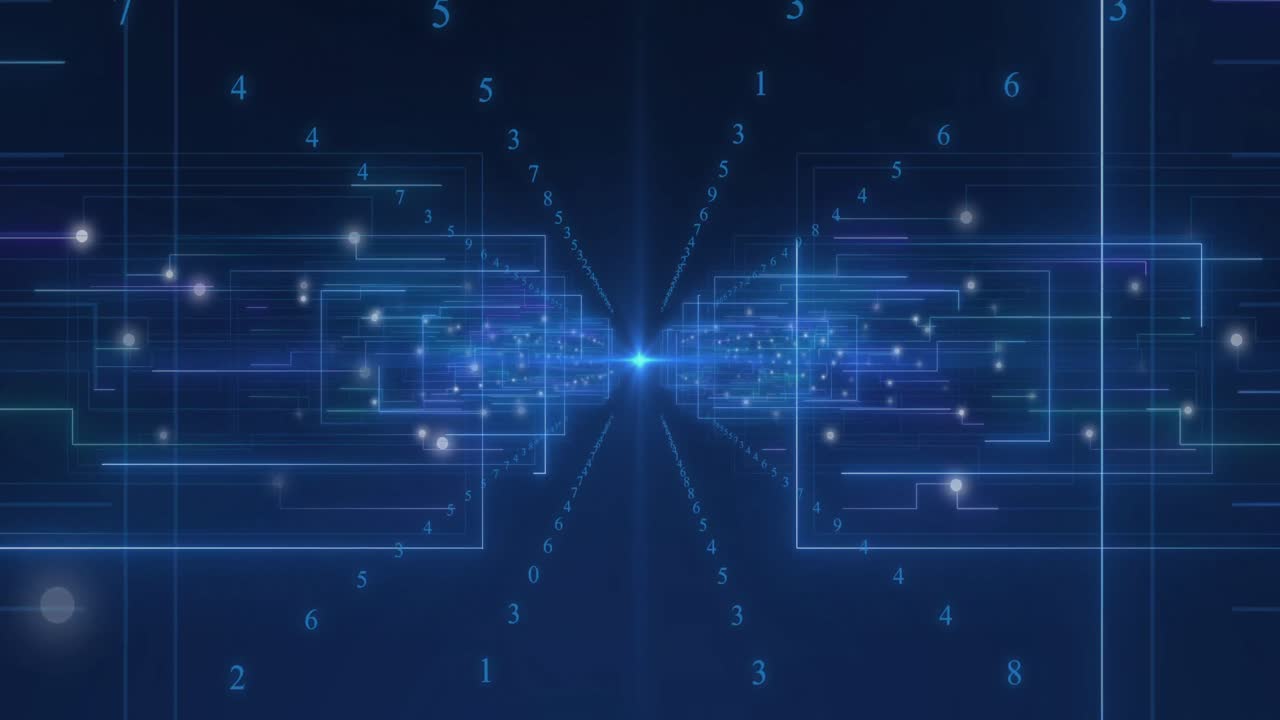 Animation of scopes scanning and data processing with binary coding on blue background
