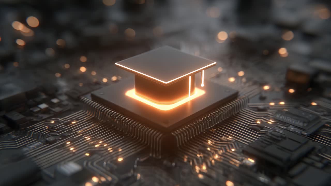 A Detailed Visualization of a Circuit Board with a Glowing Graduation Cap, Symbolizing Education and Technology Integration in the Modern Digital Age