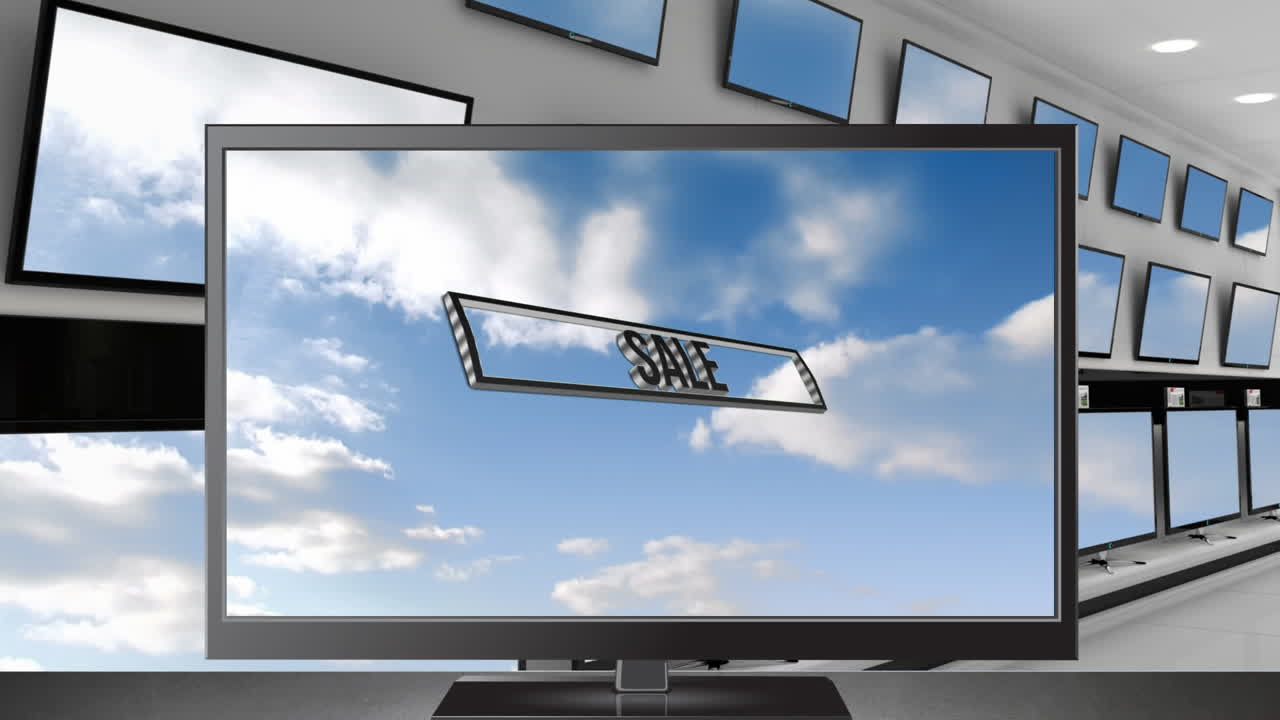 스크린에 판매 텍스트가 있는 텔레비전