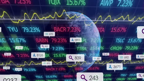 animation of social media icons, statistical and stock market data processing against spinning globe