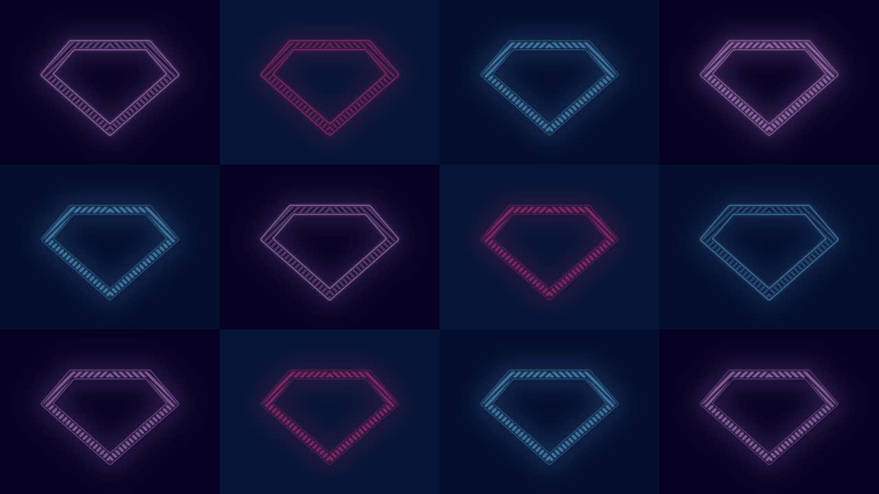 Pulsing neon colorful diamonds pattern in rows