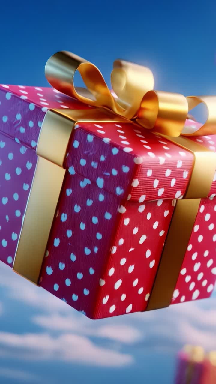 A Vibrantly Wrapped Gift Box with a Golden Bow Floating Against a Clear Blue Sky, Surrounded by Soft Cloud Puffs, Symbolizing Joy and Celebration in an Enchantingly Cheerful Setting