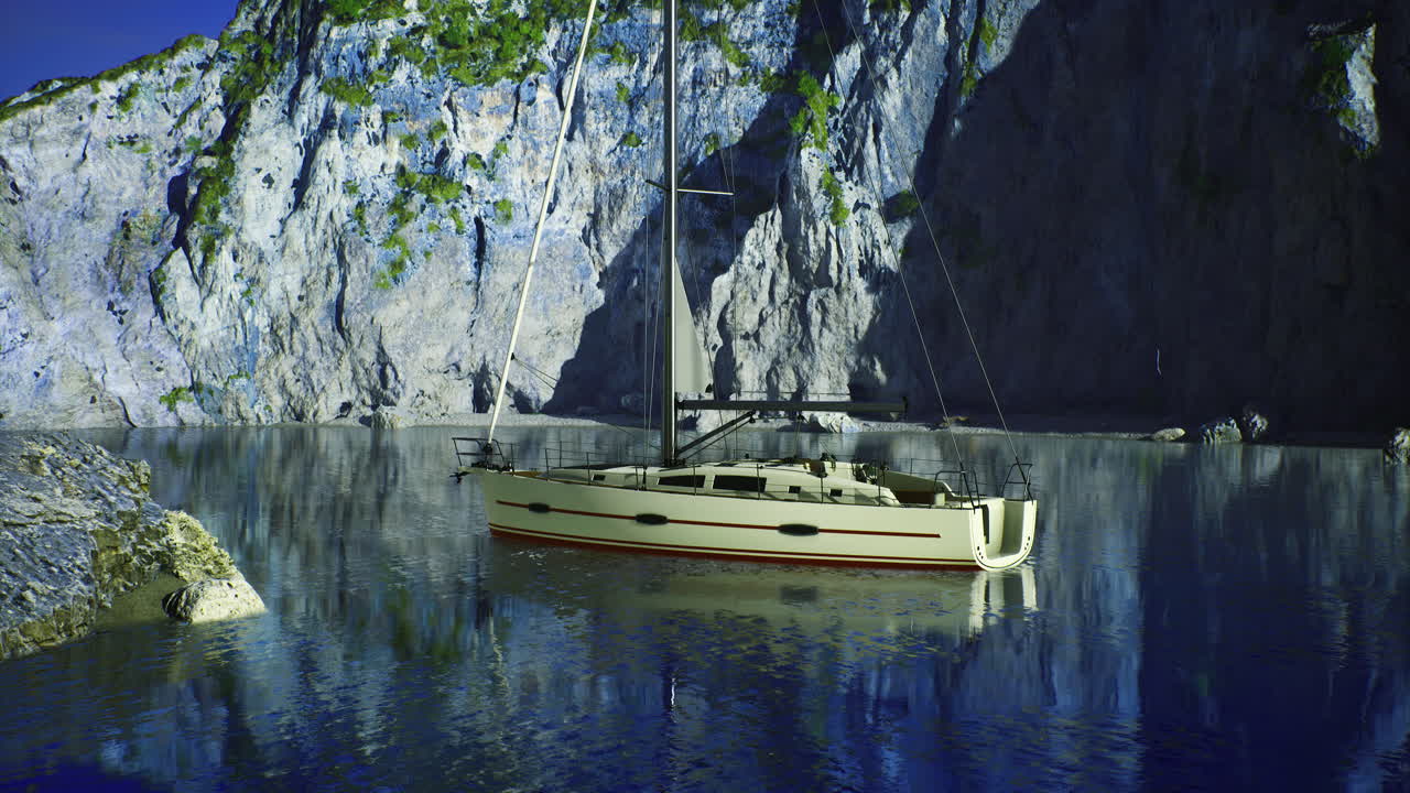 Serene sailboat anchored in tranquil bay surrounded by cliffs at dusk