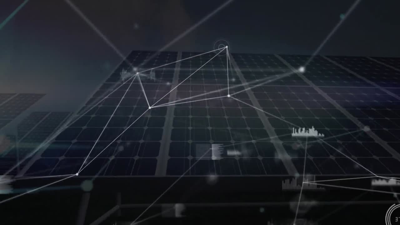 Animation of network of connections over solar panels in background