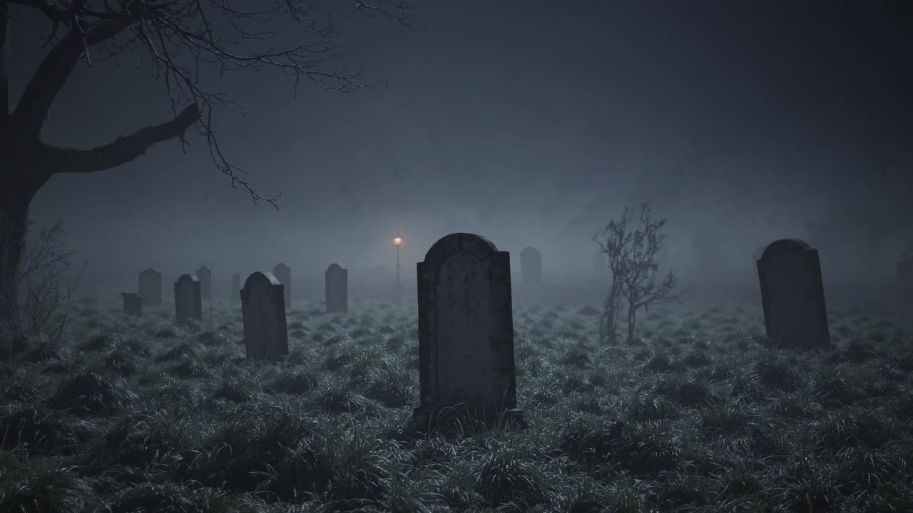 Eerie video scene of a foggy graveyard at night, captured from a low angle
