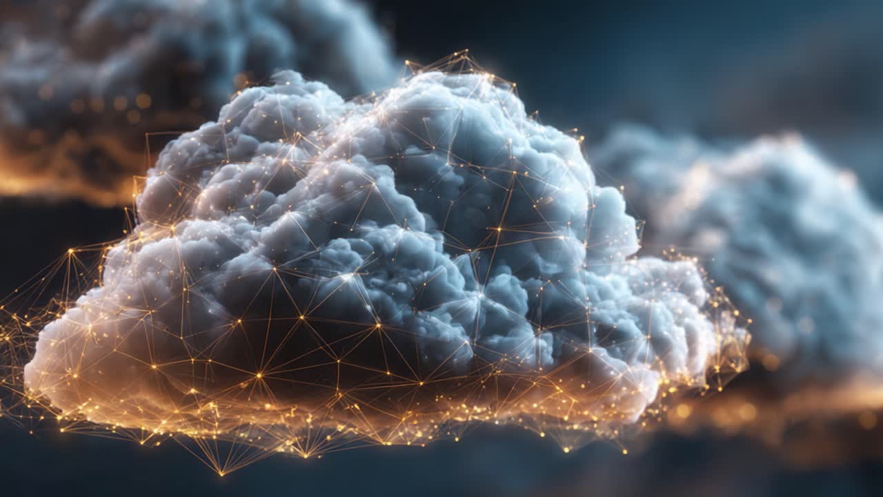 Eine beeindruckende Visualisierung von Wolken mit lebhaften Netzwerken aus Licht, die die Schnittstelle von Natur und Technologie in einer traumhaften Atmosphäre veranschaulicht
