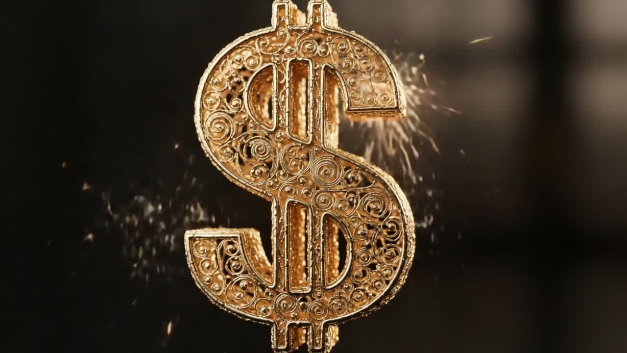 A Spectacular Display of Wealth: A Shimmering Gold Dollar Sign Surrounded by Explosions of Sparkling Light Reflects Prosperity and Success in Stunning Visuals
