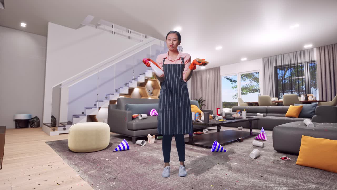 Full Body Of Puzzled Asian Female Housekeeper With An Apron Showing A Spray And Kitchen Sponge While Standing In House
