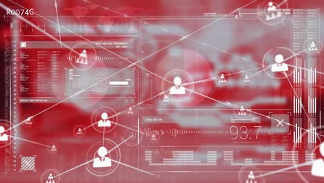 animación de la red de iconos de perfil sobre la interfaz con procesamiento de datos contra un fondo rojo