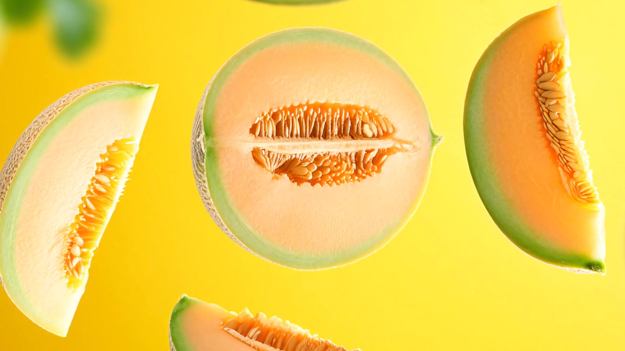 Fresh cantaloupe melon slices floating on a bright yellow background
