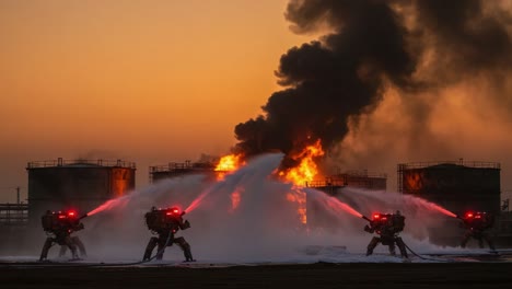 dramatic scene of firefighting robots extinguishing blaze at dusk with fiery flames and thick smoke emerging from storage tanks against an orange sky