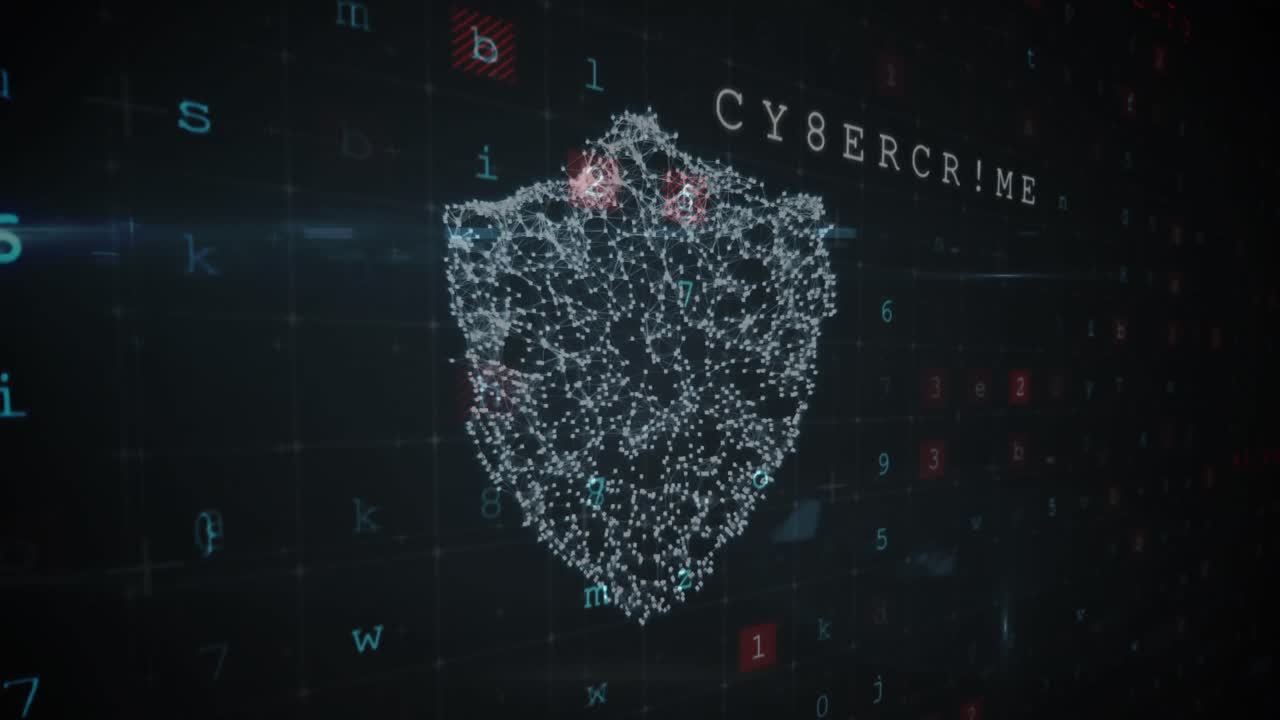 Animation of changing numbers and letters over online security shield