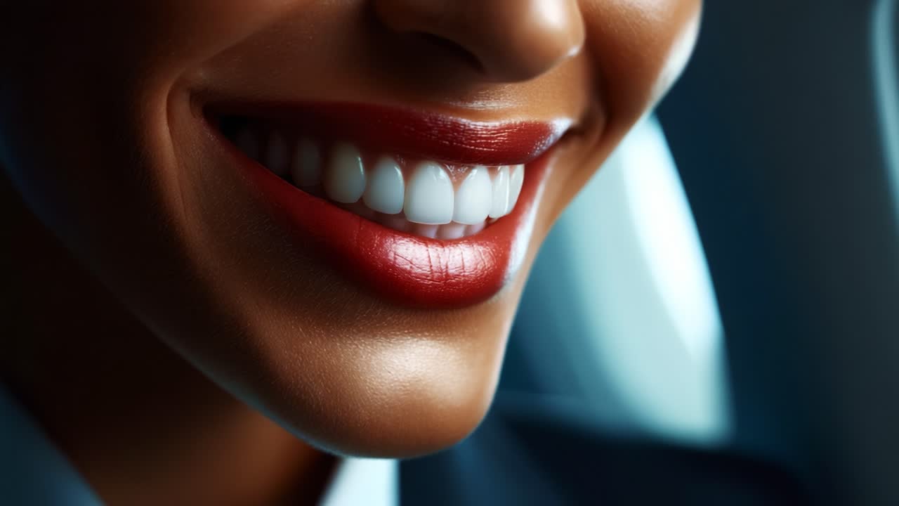 A close-up view of a smiling individual showcasing a radiant set of teeth and a bold lip color, emphasizing the cheerfulness and confidence in their expression and demeanor