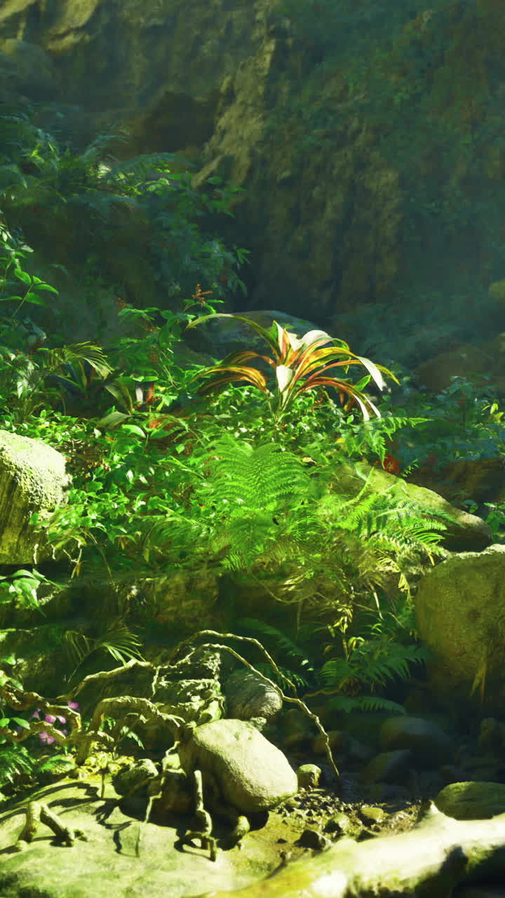 Selva exuberante con plantas vibrantes y luz solar entrando a raudales