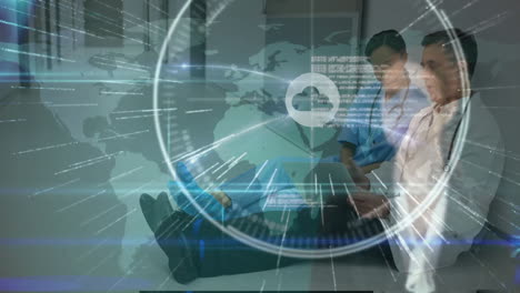 reviewing data on tablet with animation, doctors analyzing digital cloud in office