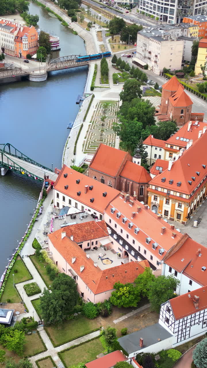 Aerial drone view of Wroclaw city on the Oder River in western Poland. Vertical vertical