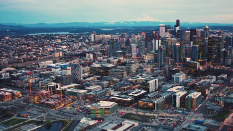 seattle aerial cityscape skyline mt rainier sunset - futuristic internet business technology city evening twilight