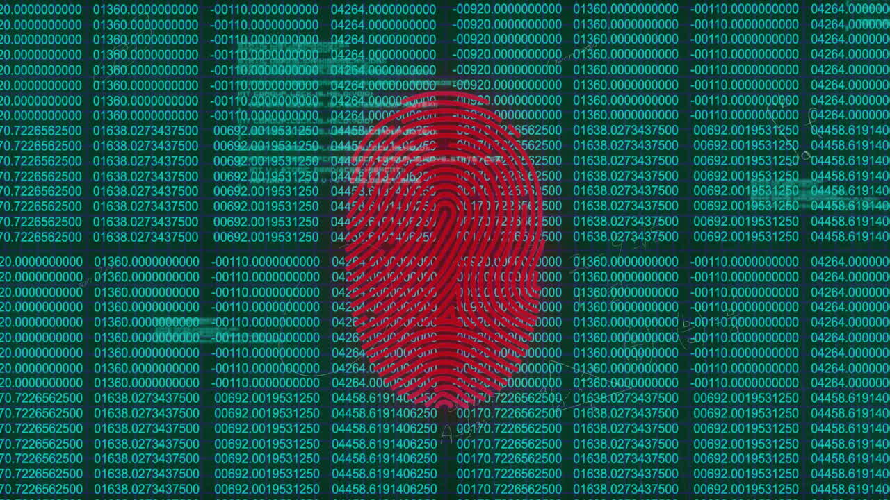 Fingerprint overlaying digital code, symbolizing cybersecurity and data protection animation