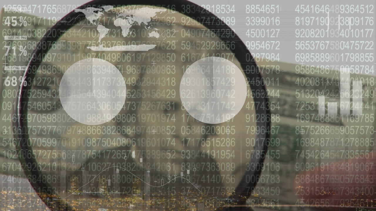 인포그래픽 인터페이스의 애니메이션, 크로프 된 손이 확대 유리로 20 달러 지폐를 검사합니다.