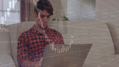 animación del procesamiento de datos financieros sobre un hombre caucásico usando una computadora portátil