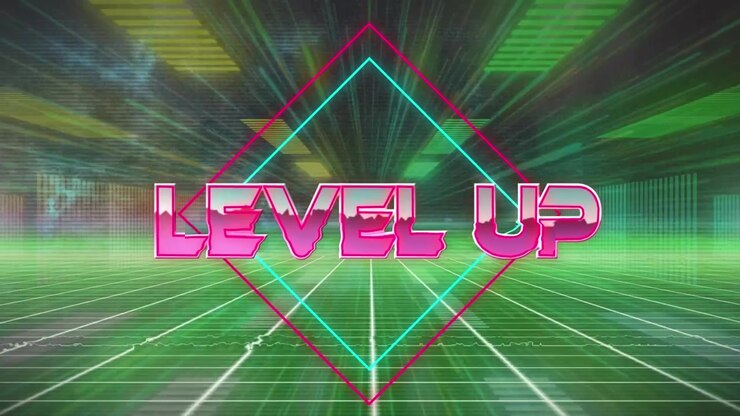 Un'immagine digitale di un'animazione di testo "level up" con uno sfondo a schermo verde.