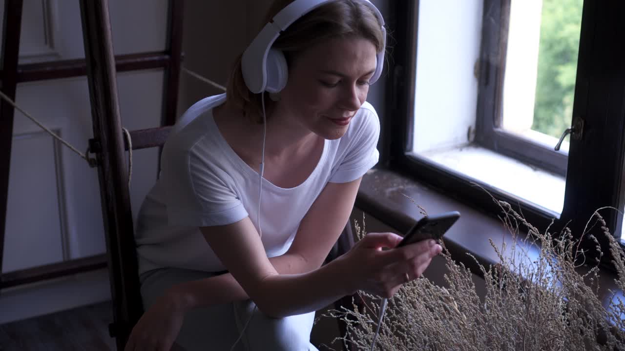 Young attractive girl enjoying music sitting near window