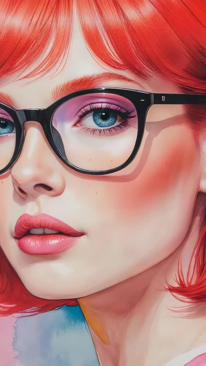 Vertical video: Zooming out camera revealing painted subject at studio, black glasses, pink strap