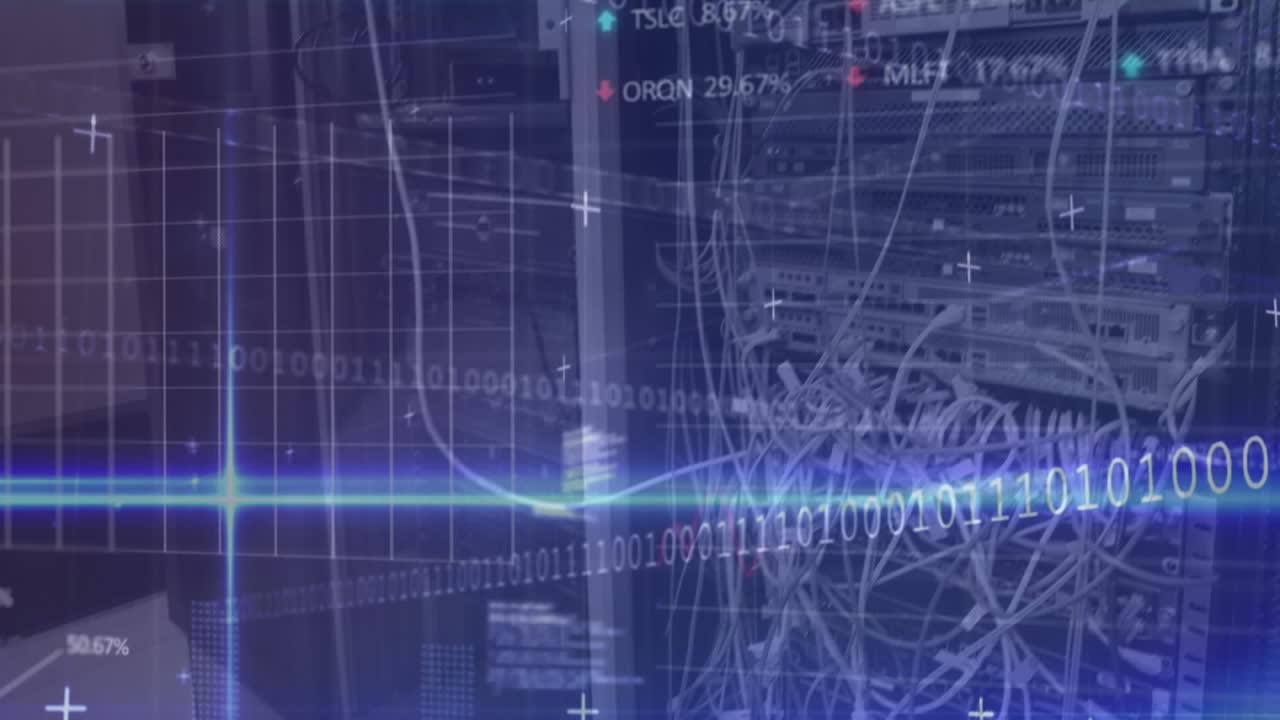 Animation of binary coding, financial data processing over computer server