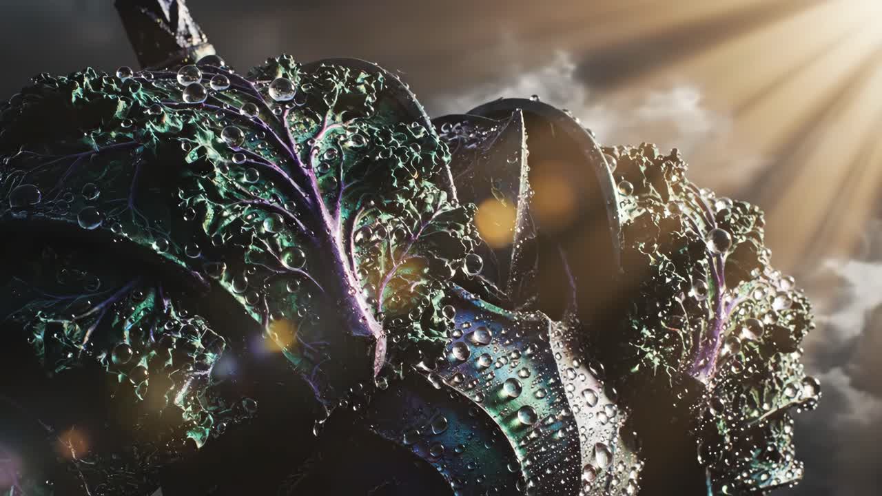 Kale with Water Droplets in Sunlight