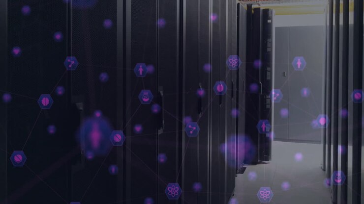Animation of network of connections with icons over computer servers