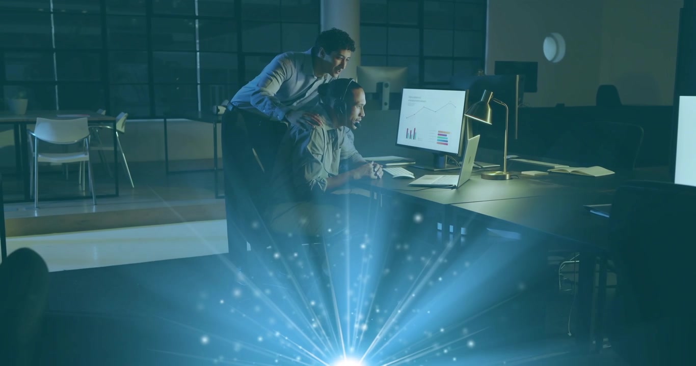 Junior associate answering call while reviewing business data as mentor guiding under blue hologram