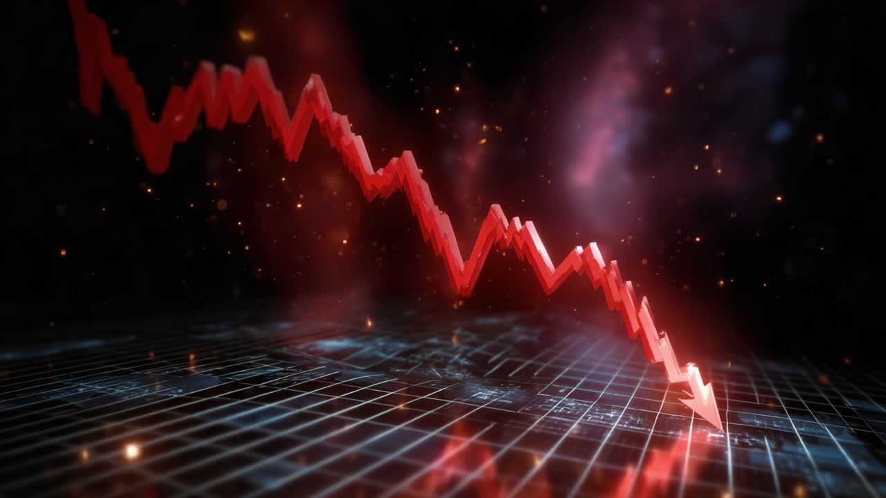 Red line plunges sharply against cosmic background. Digital grid glows beneath glowing path. Dark space filled with glowing particles. Ideal for finance, economic crisis