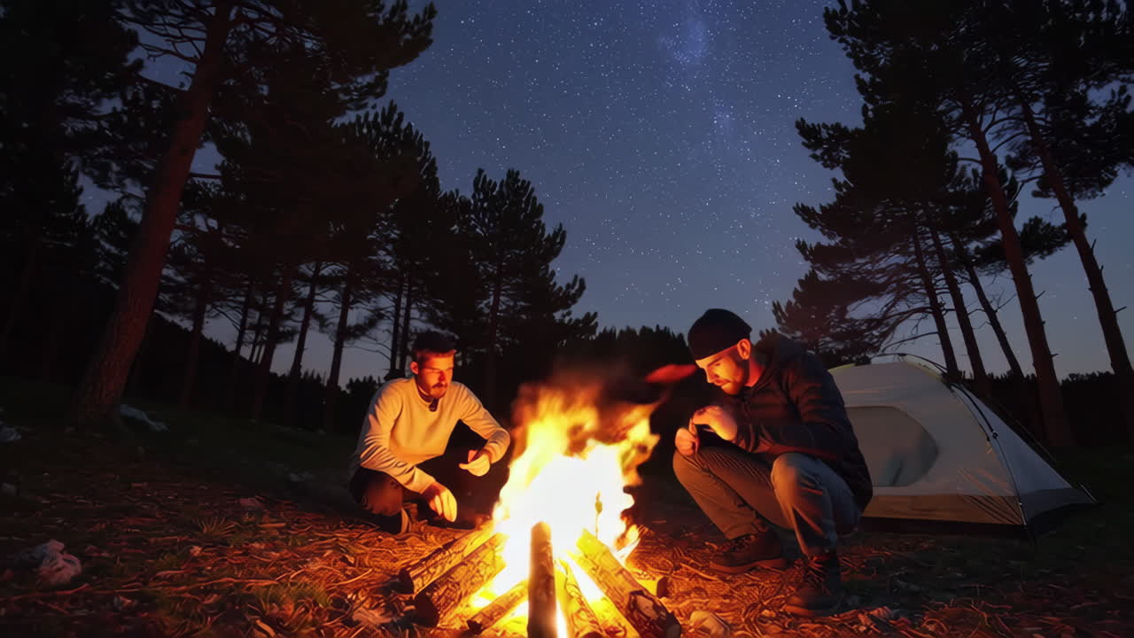 Two Men Relaxing Around a Campfire Under the Stars