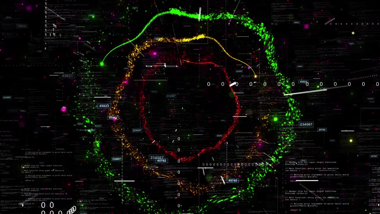 Sfondo scuro con anello di codice, cerchio di particelle dorate, numeri binari, simboli, interfaccia hacker per cyber