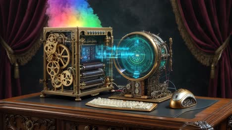 steampunk computer with holographic display