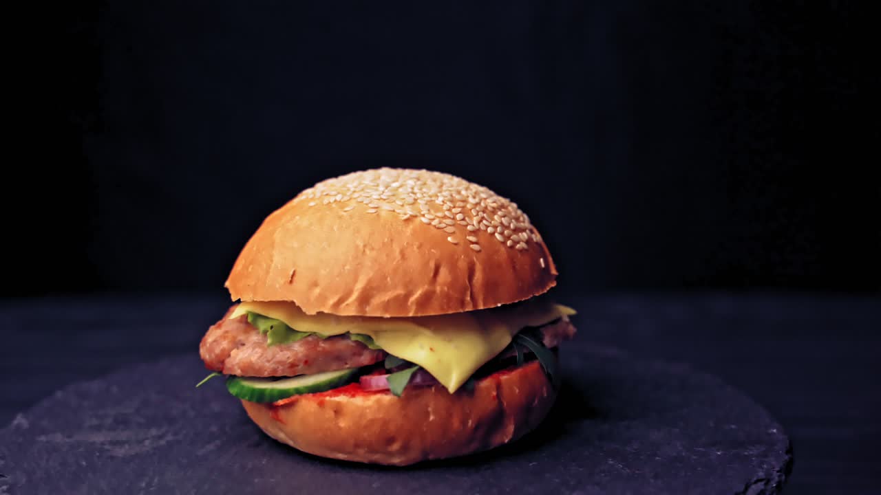 Delicious grilled burger. Concept fast food, obesity