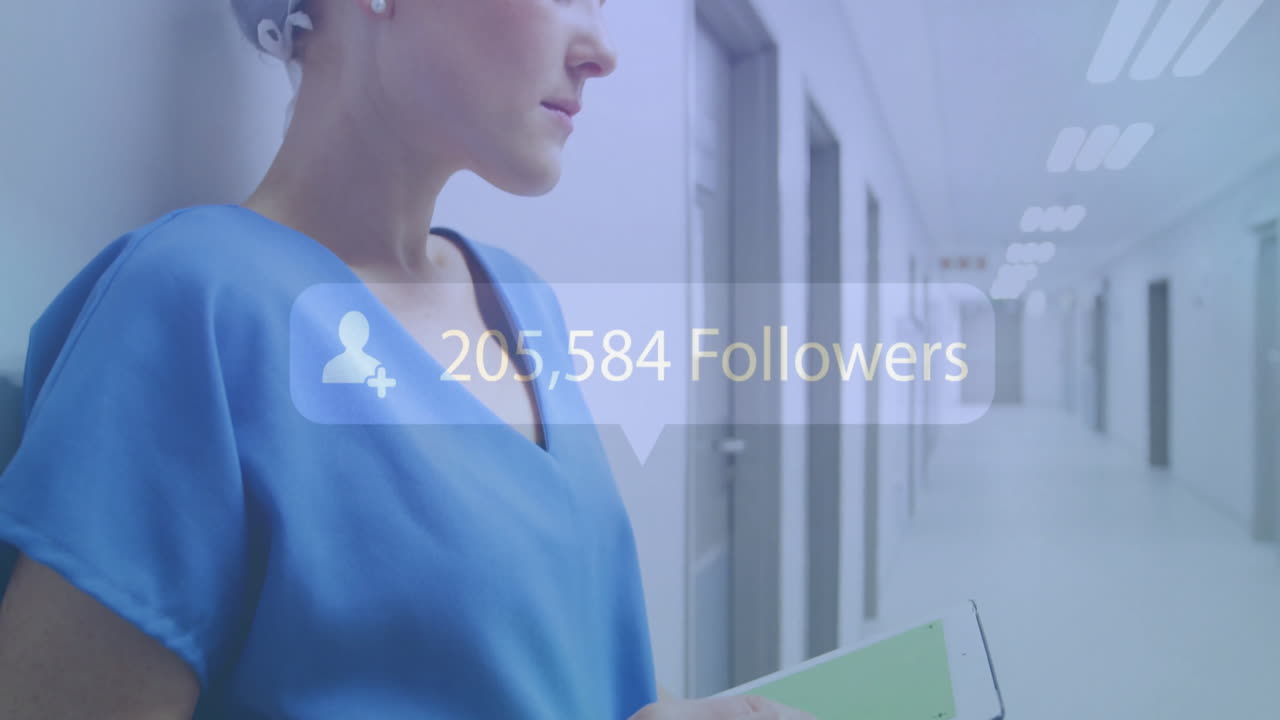 Medical professional in hospital hallway with followers count animation over scene