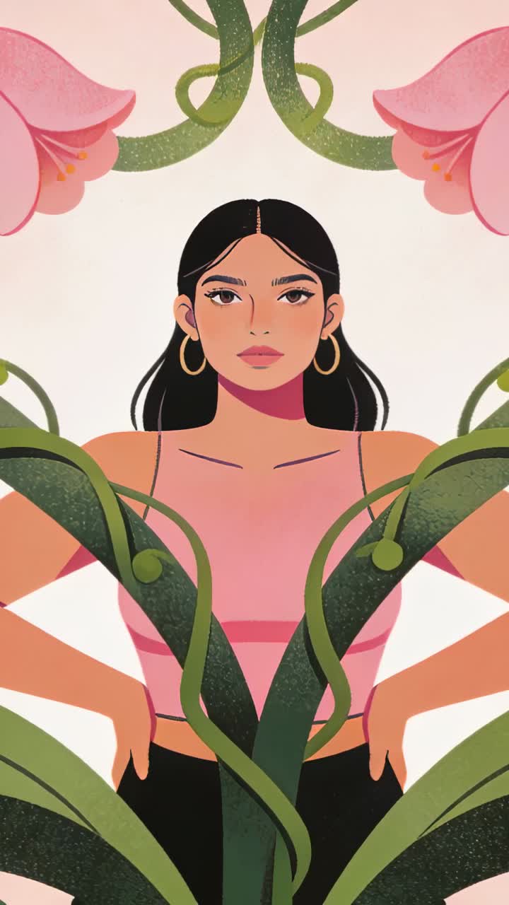 Lodret video: Slyngende lianer snor sig hen over et kvindeportræt i et kunststudie, med crop top og blomster.