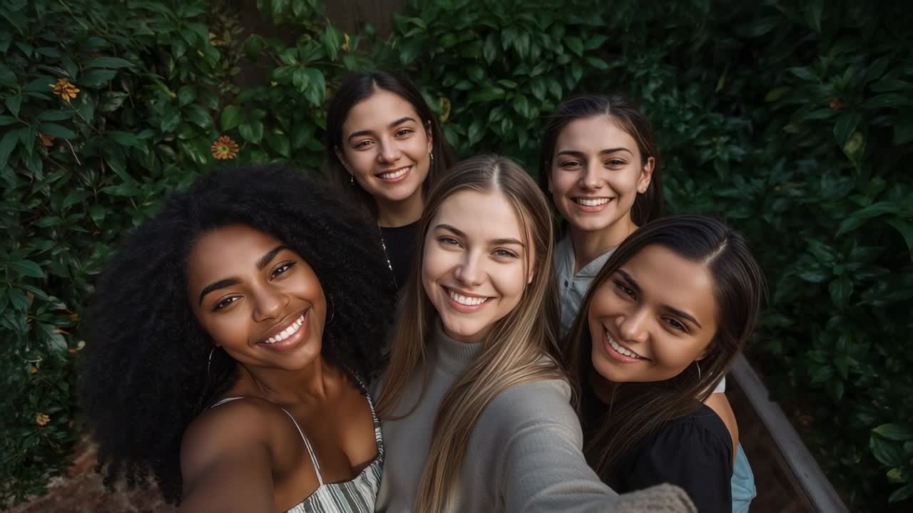 Cinco amigos sorrindo, encostados em uma cerca viva com flores e corrimão, um amigo levantando um smartphone para fotografar