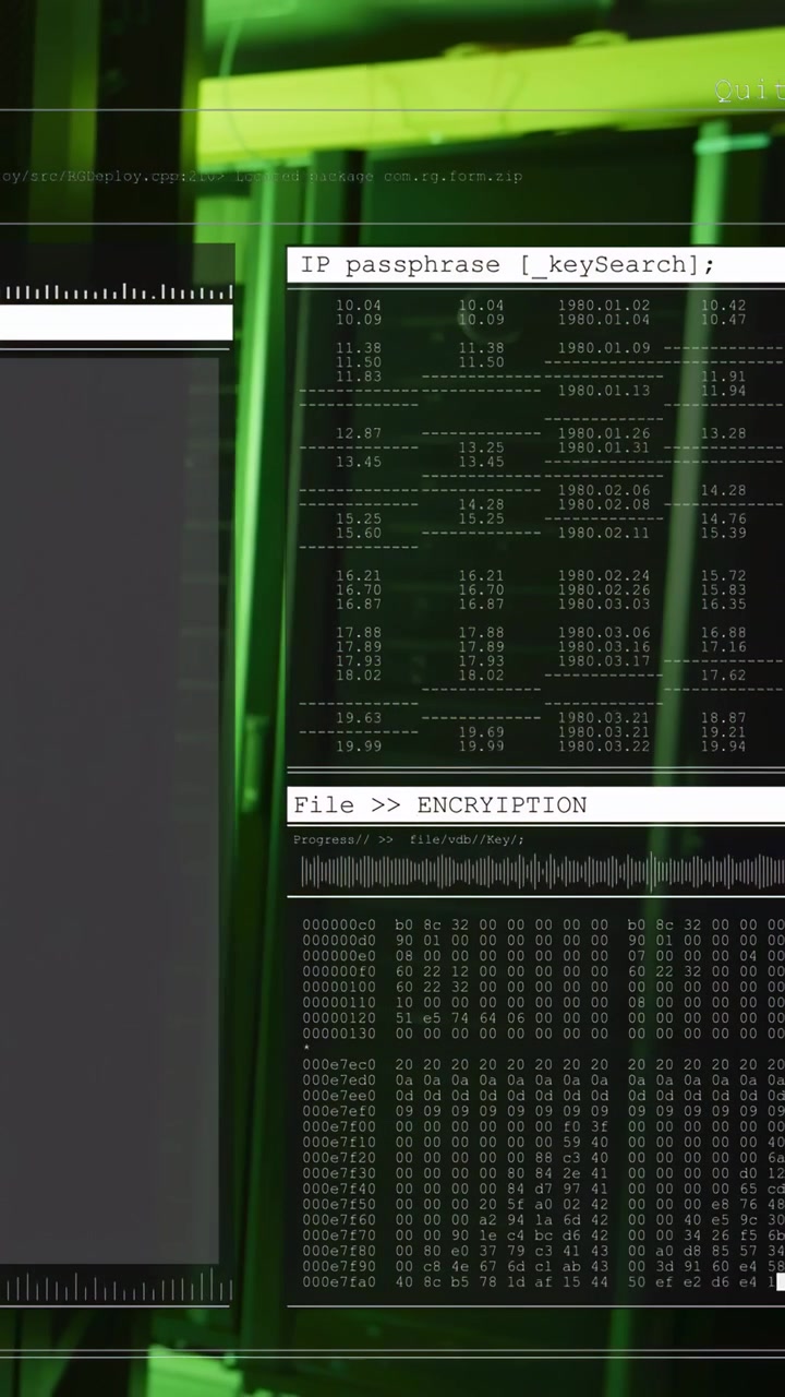 Vertikales Video: Rechter Bildschirm zeigt IP-Schlüssel und Hex-Dump für die IT, während die Kamera schwenkt, mit grünen Streifen.