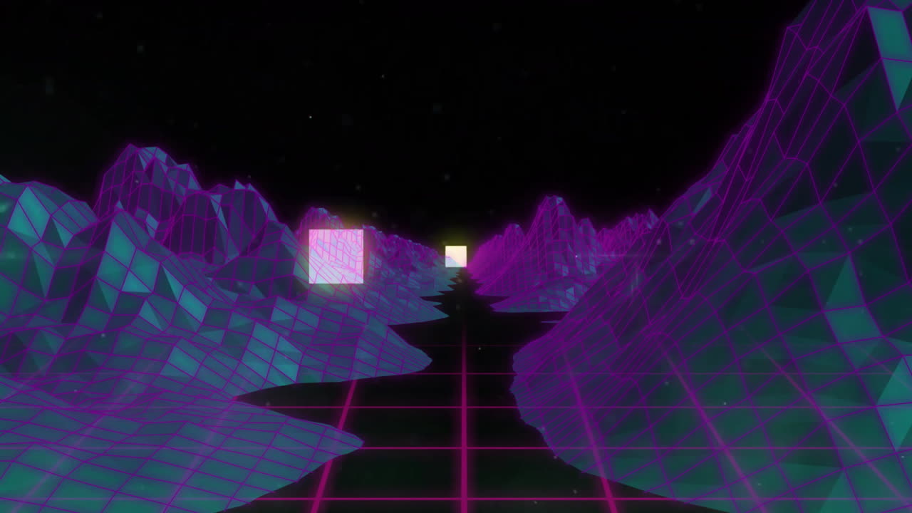 검은색 배경에 디지털 산 위의 모양의 애니메이션