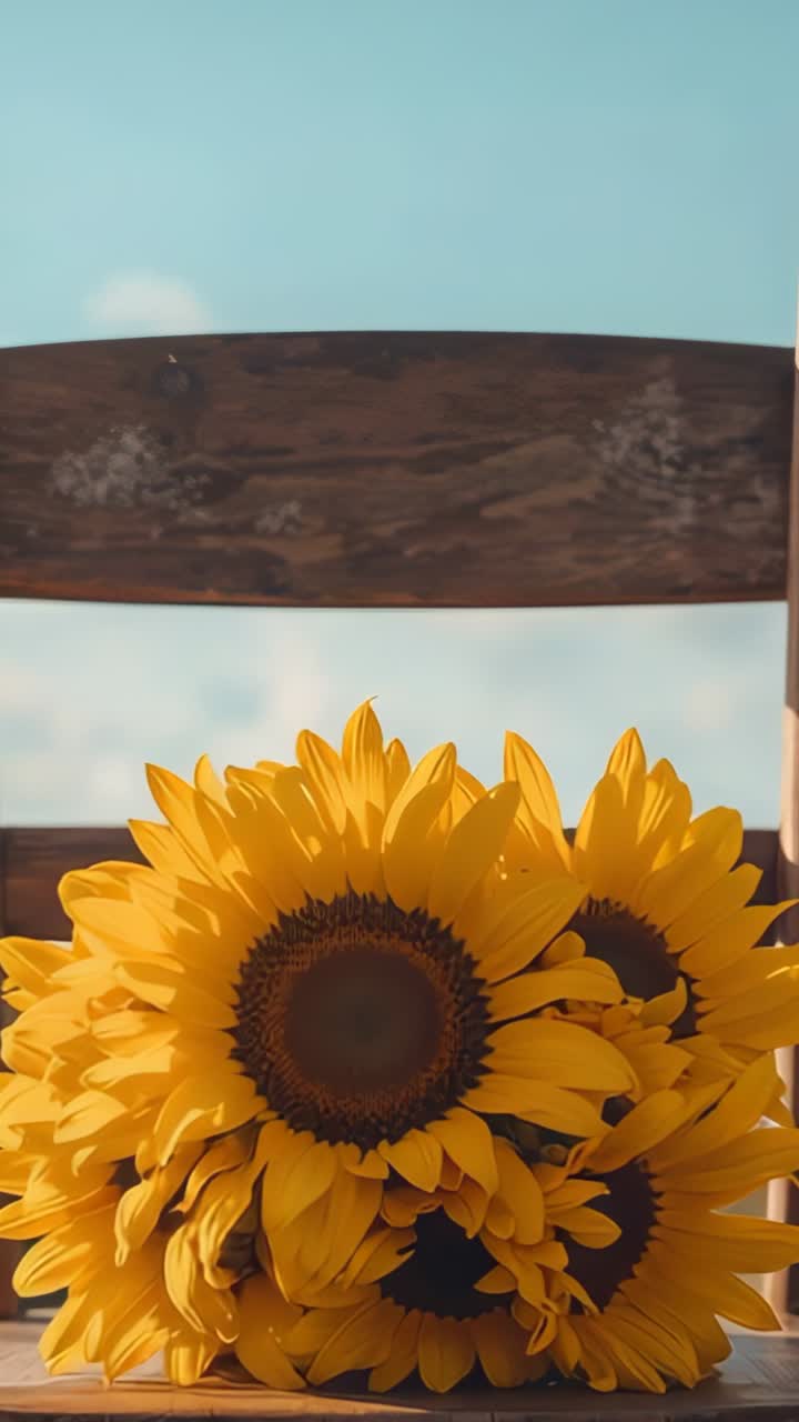 Vertical video: At start camera tilting and zooming to sunflowers on sunlit bench, focusing petals
