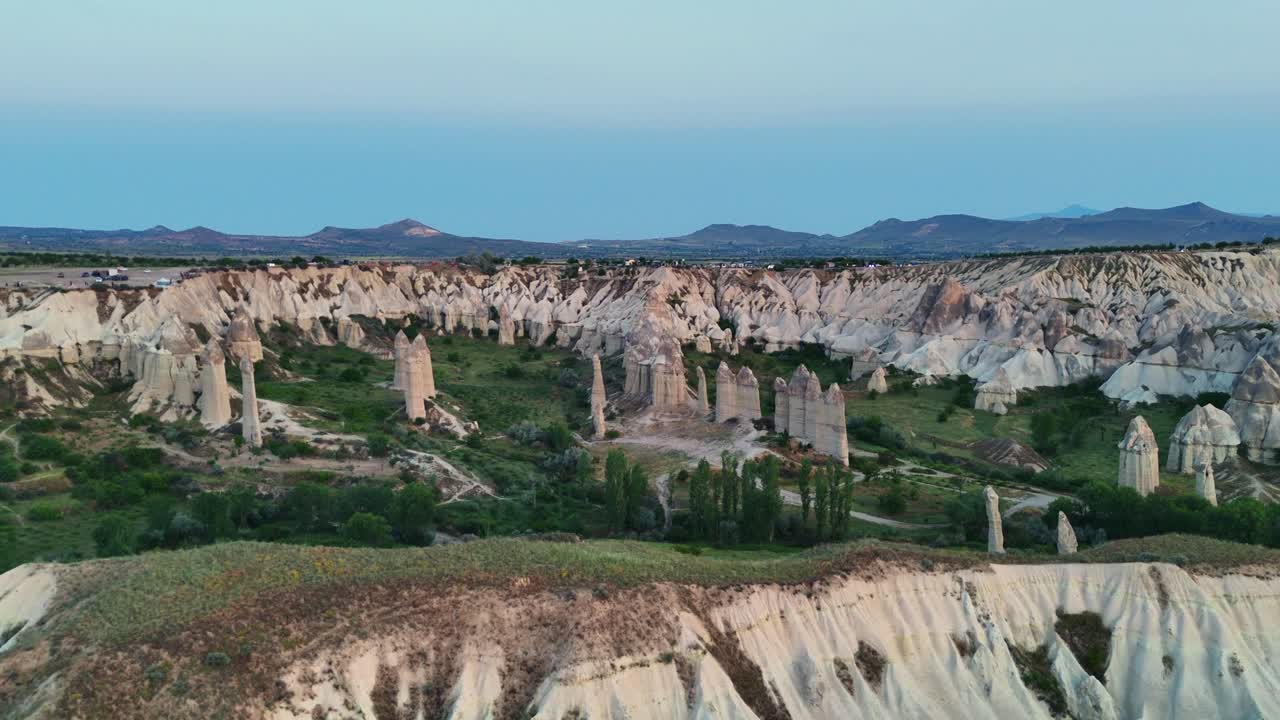 Scenic aerial view of Cappadocia's unique rock formations in Turkey
