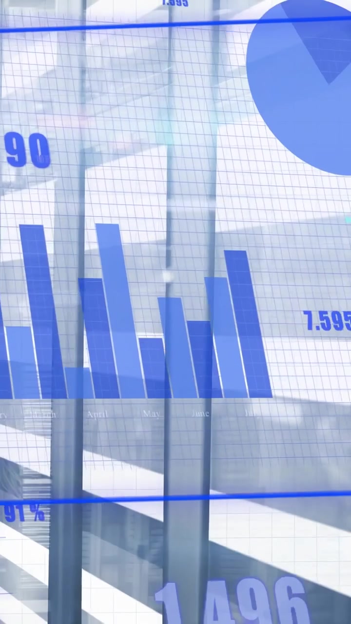 Video verticale: Su aggiornamento dati, sovrapposizione blu che scorre in un atrio, aggiornando percentuali, barre e grafici a torta per la tecnologia