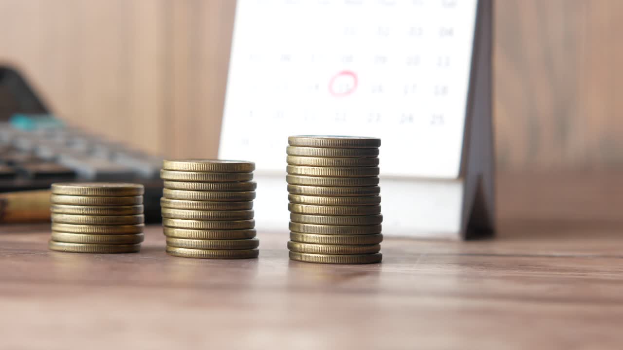 monedas apiladas en una mesa de madera con un calendario